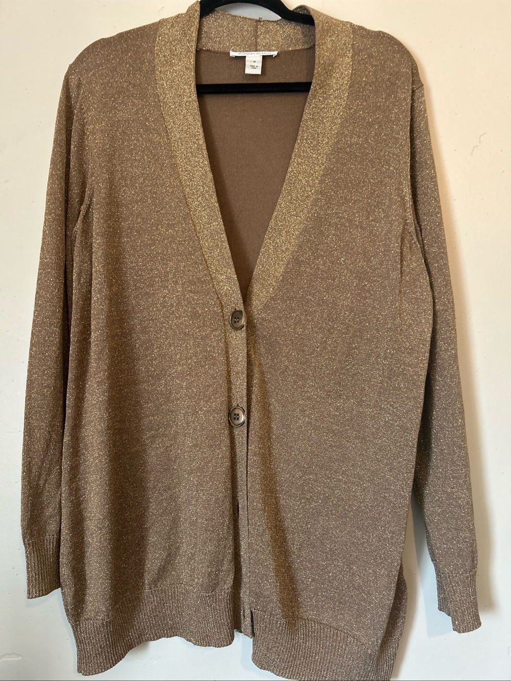 Kenneth Cole Woman’s Long Sleeve V Neck Shimmery Gold Cardigan Sz 1X